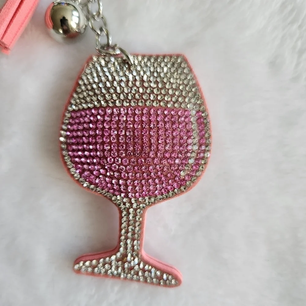 Pink Rhinestone Wine Glass Keychain Bag Charm